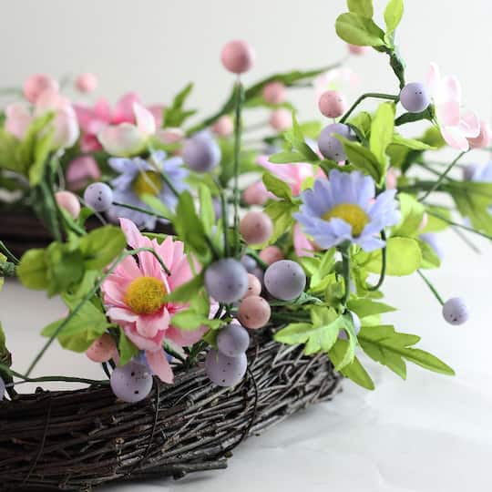 15" Green, Pink, and Purple Artificial Spring Floral Twig Wreath